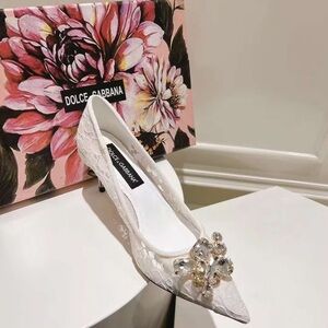 Dolce & Gabbana White Lace Heels with Silver Embellishment